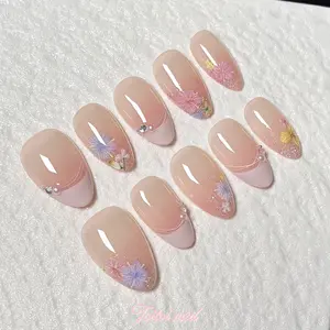 Fairy Bloom Handmade Press-On Nails | Short Almond Shape, 10pcs Handmade | Nude Gradient + Dried Flower Hand-painted + Glitter Accent | High Gloss Finish | Reusable DIY Nail Kit for Spring/Summer Daily/Date/Outing | Trendy Fairy Aesthetic Look