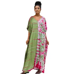 Women Plus Size Ethnic Print Kaftan Dress Swimsuit Cover Up,Mrs. Roper Kaftan, Swimsuit, bubu, mumu, Casual Womenswear Boho Caftan Baggy Beach Chic Summer Bohemian Drape Coat - Green Fuchsia