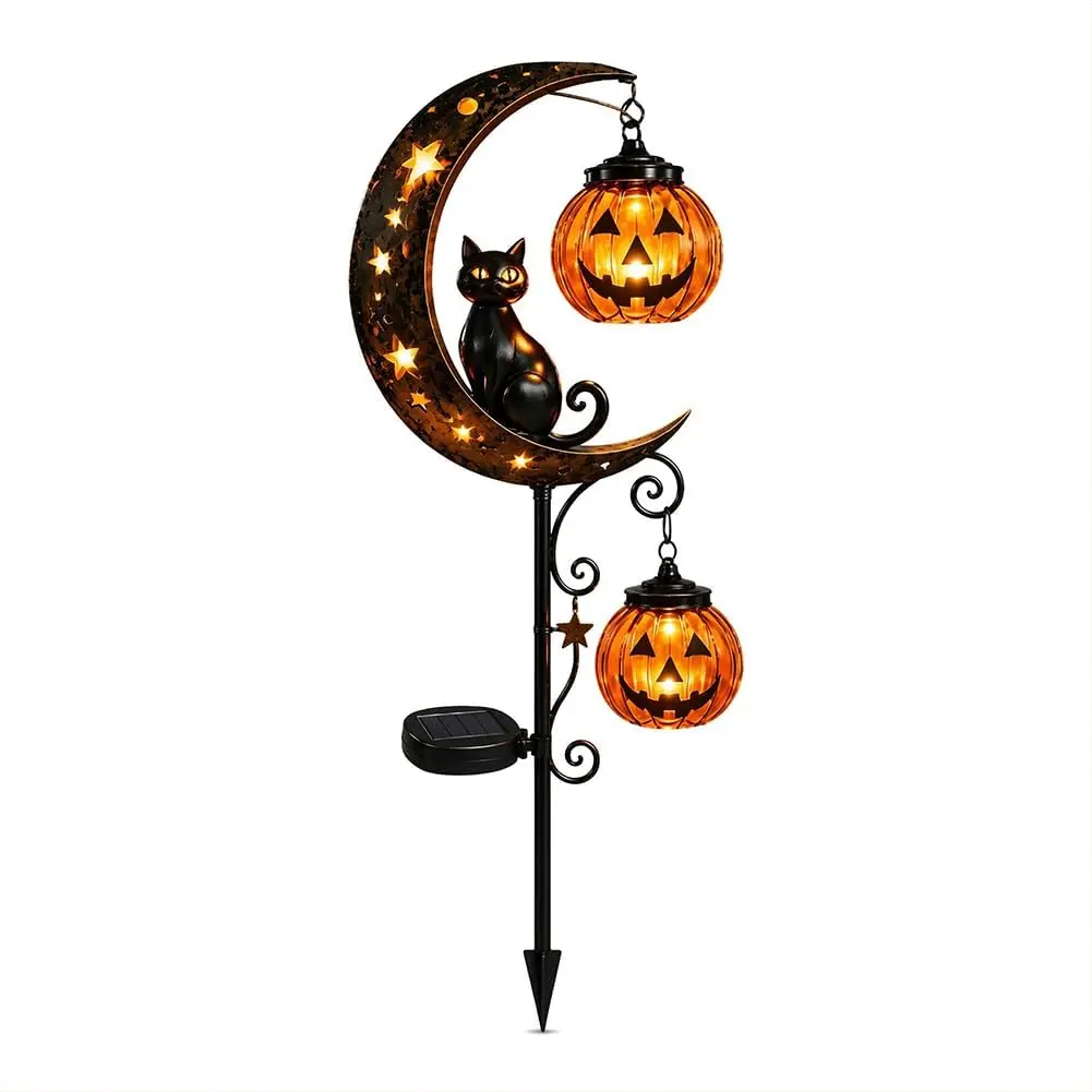 Solar Halloween Black Cat Garden Stake Light, Pumpkin Moon Garden Stake Light, Hanging Jack-o'-Lantern Lantern for , Patio, Walkway, Porch (Style C)
