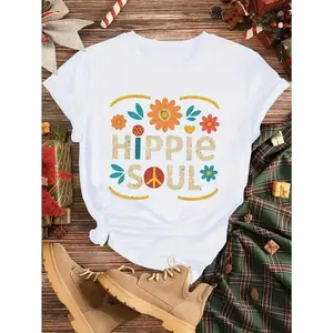 Bold Style 180G 1Pc Colorful Floral Peace Logo Pattern Casual Short Sleeve Crew Neck Hippie Outfit Women S T Shirt