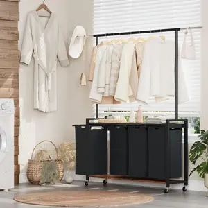 2-Section Rolling Laundry Sorter Hamper with Hanging Rack and Shelf – Lockable Wheels – Folding Station – Removable Laundry Bags – Laundry Basket Organizer for Laundry Room, Bedroom, Bathroom, Classic Color, 2 Bags