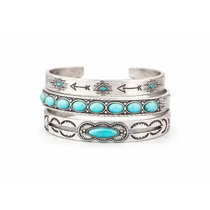 Vintage Western Statement Cuff, Desert Sky Turquoise Rows Bracelet Stack, Fashion Costume Jewelry Accessory