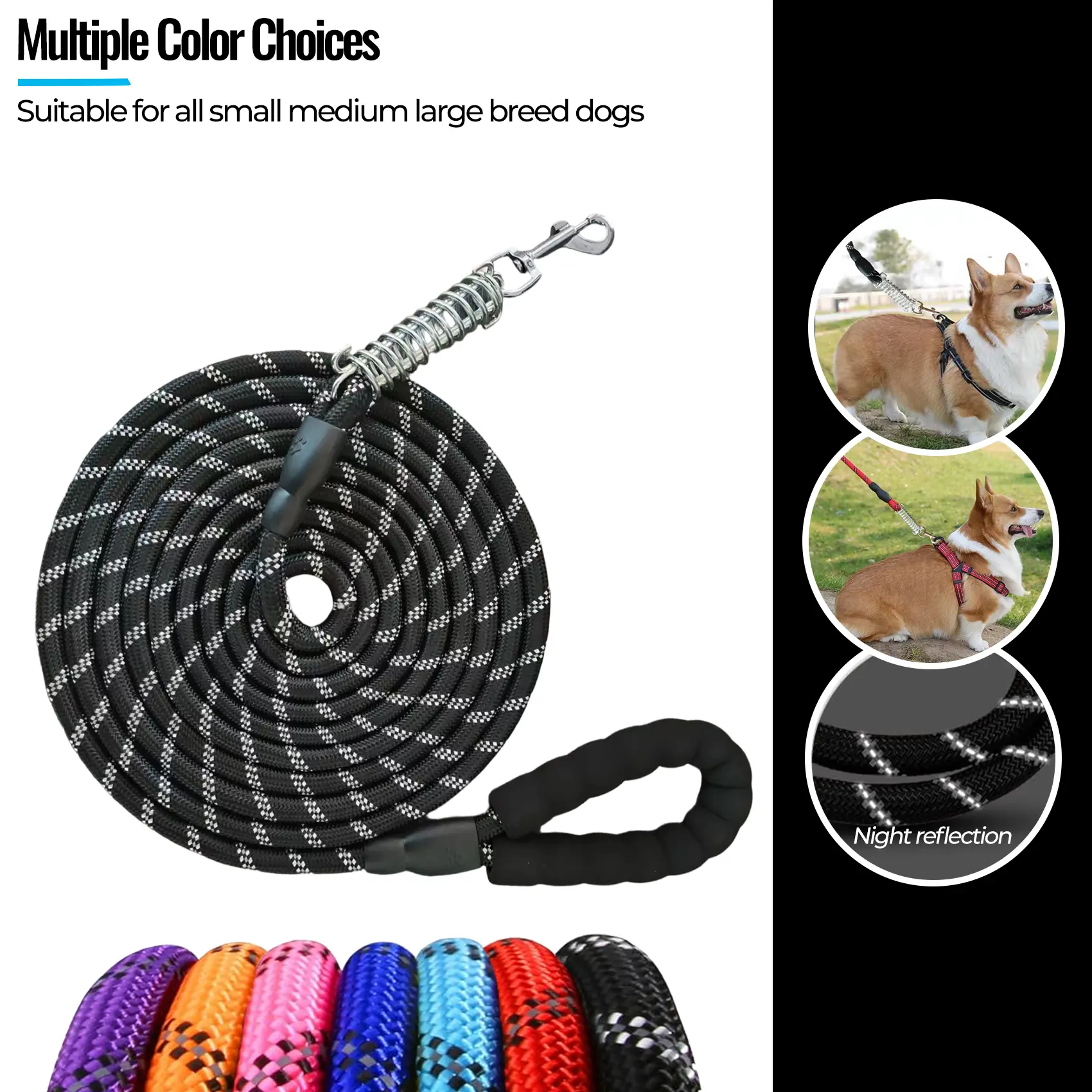 Dog Leash, Black Braided Dog Leash For Large Dogs Heavy Duty, Reflective Dog Leash ForNight Walking And Small/puppies Training, Chew Proof(4/5/6/10/15FT-Black/ Red/ Light Blue/Navy Blue/ Pink/ Orange/ Purple)
