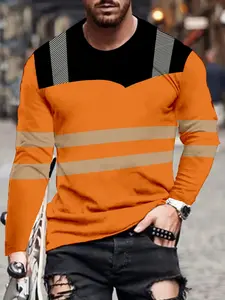 Men's Fashion Striped Printed Long Sleeve Shirt, Street Style Casual Sports Leisure Top, Micro Stretch Fabric, Round Neck