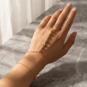 Stainless Steel Colorful Rhinestone Zircon Connected Finger Ring Bracelets for Women Handmade Link Chain Bracelet Party Jewelry