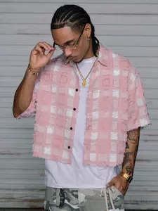 American Streetwear Striped Short Sleeve Shirt, Menswear, Plaid, Letter Print, Casual Chic Minimalist, Casual Fitted Long Clothing, Youthful Daily Wear, Comfortable