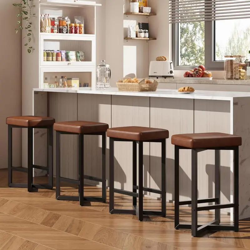 Bar Stools Set of 4, 24.6" Counter Height Backless Barstools, Upholstered PU Leather Seats with Metal X-Frame & Footrest, Modern Kitchen Stools for Home Bar, Dining Room, Brown