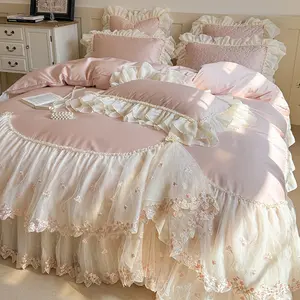 French princess-style quilted bedspread set, all-cotton four-piece set, pure cotton with a high-end feel, lace trim, girly duvet cover and bed sheet