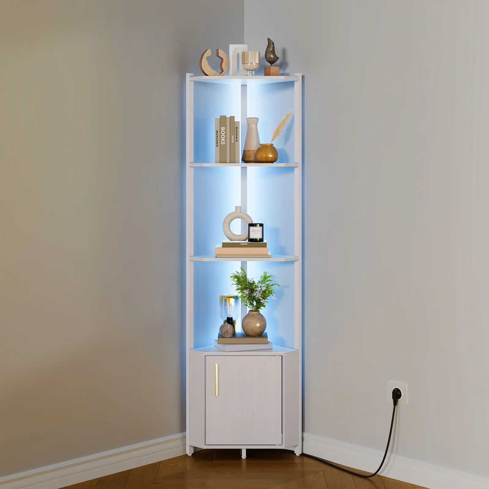 57" Corner Shelf Stand with LED Lights 5 Tier Corner Bookshelf with Storage Cabinet Modern Display Rack Wooden Shelves Metal Frame Plant Stand for Living Room Bedroom Kitchen Office Small Space Black