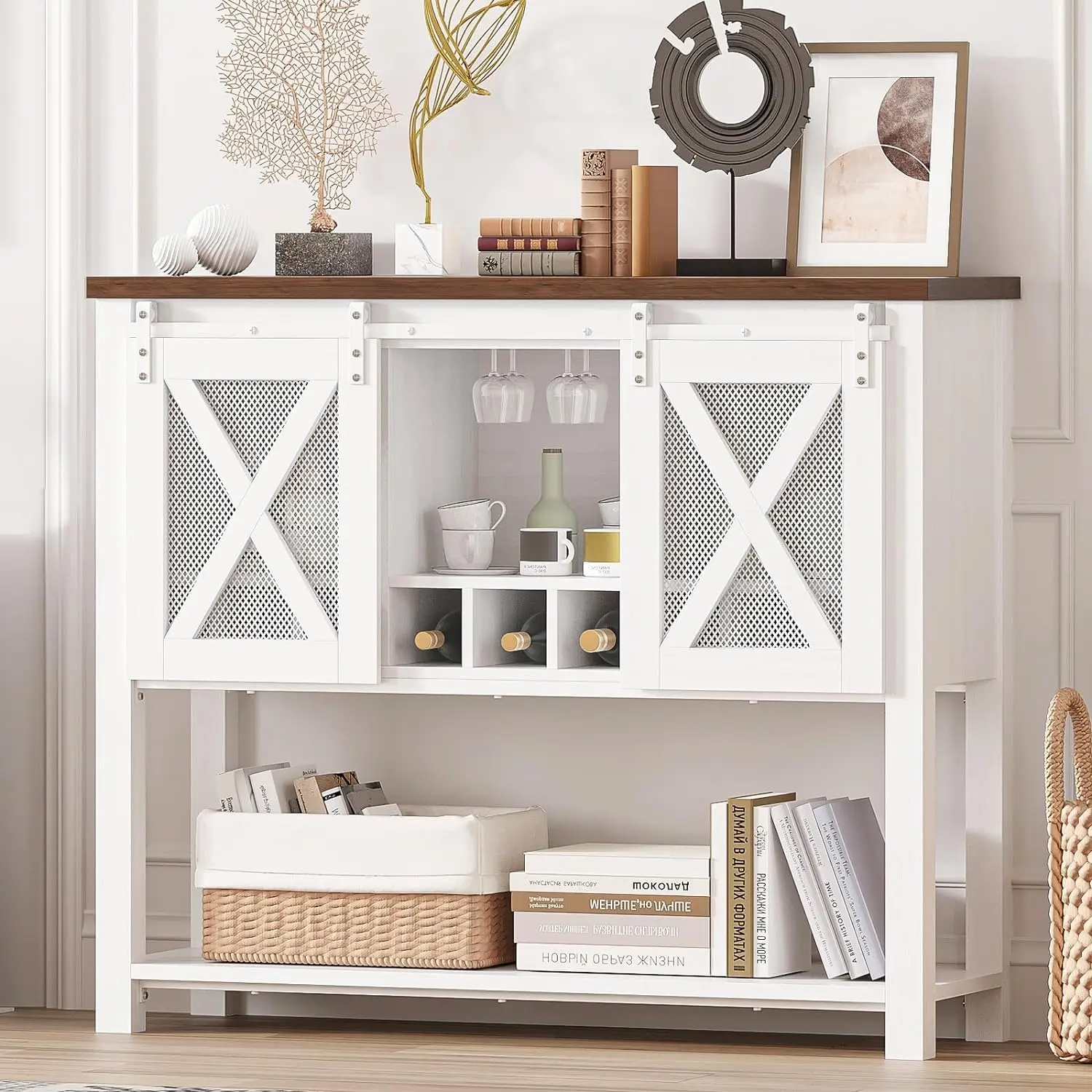 【GARVEE】Coffee Bar Cabinet, Console Entryway Table with Storage, Farmhouse Sideboard Buffet Cabinet with Sliding Barn Doors, Wine Liquor Cabinet with Racks for Kitchen, Hallway, Living Room, White