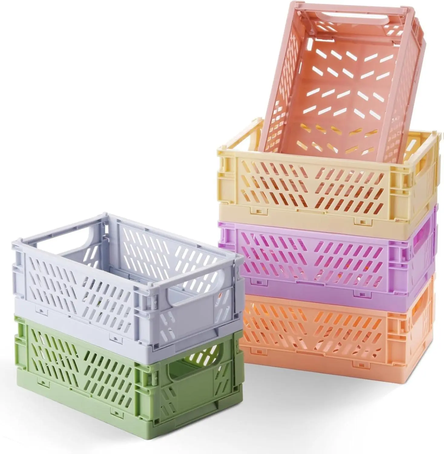 6-Pack Colorful Pastel ABS Plastic Rectangle Decorative Organizer Mini Baskets with Handle - Collapsible Modern Space-Saving Bins, Cherry Accent, for Kitchen, Beauty, Book Storage (5.8x3.8x2.2 in)