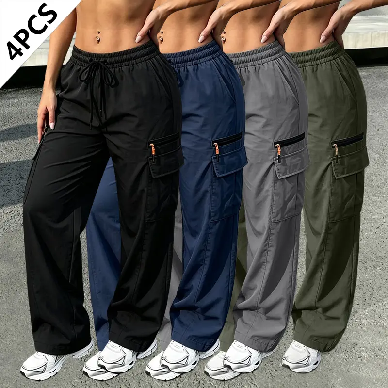 Women's 4-Pack Solid Plain Loose Bottom Trousers - Multi-Pocket Utility Pants with Faux Zipper Pockets, Drawstring Waist, Lightweight Breathable Fabric, All Seasons for Hiking, Street Sports