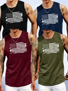 Men's Casual Sleeveless Round Neck Tank Tops Vests, 100% Polyester Knit Fabric, Geometric American Flag Pattern, Lightly Elastic, Summer Wear Regular Fit