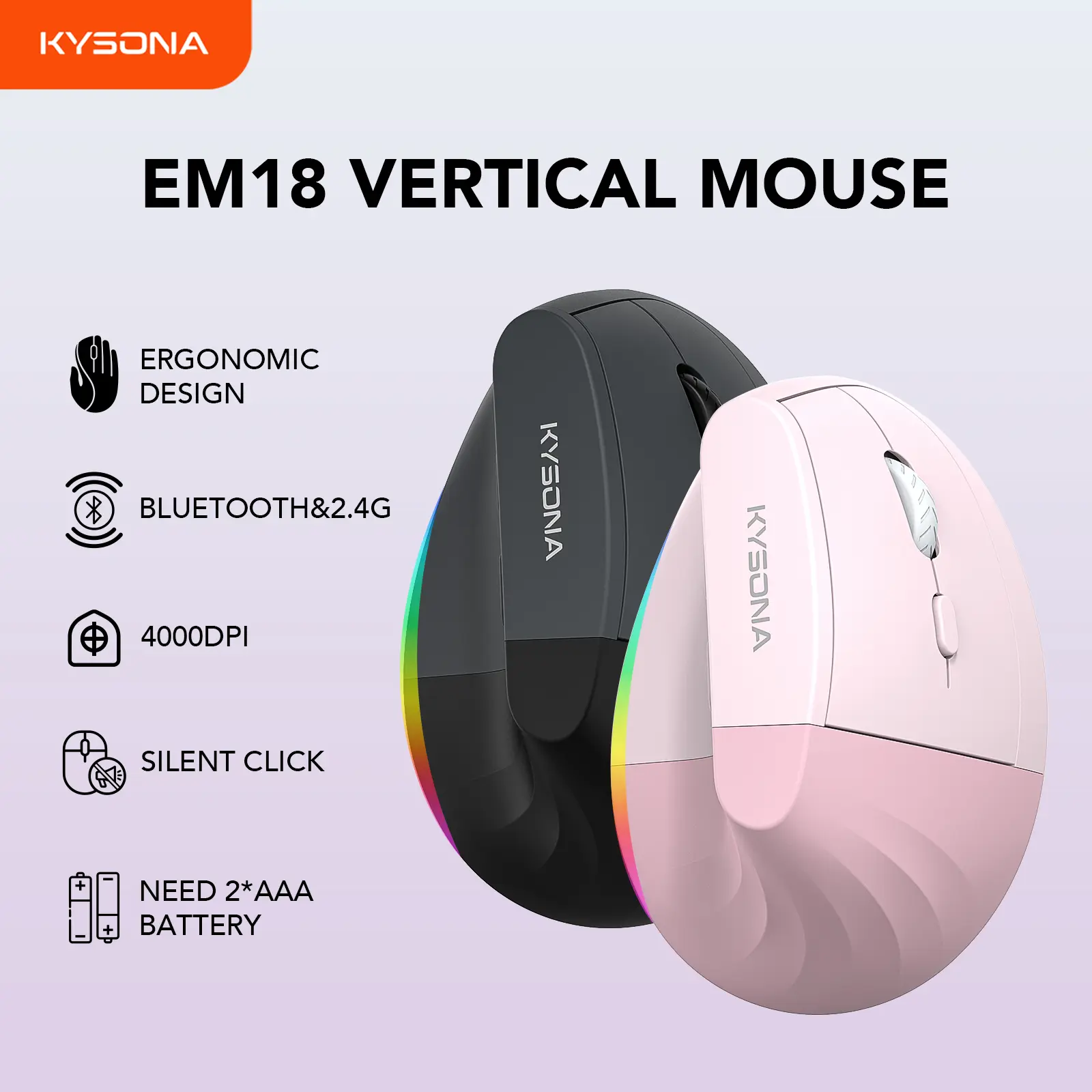 Kysona Wireless Ergonomic Vertical Silent Click Feature Mouse, 2.4G Bluetooth Rechargeable, 5-Level Adjustable DPI (Up to 4000), for Medium-Large Hands, Reduces Wrist Strain, Long Battery Life, Gaming PC Desktop Compatible for PC/Windows/Laptop
