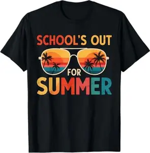 Retro Last Day of Schools Out For Summer Teacher Boys Girls T-Shirt- Digital Print, Fitted Short Sleeve, Medium Length, Hand Wash Only, Versatile for All Seasons - Fabric, Clothes