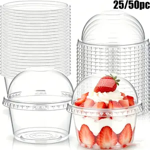 25/50pc Disposable Dessert Cups, 5oz Clear Plastic Cups with Dome Lid, Ideal for Ice Cream, Fruit, Cake, Wedding, Birthday, Christmas