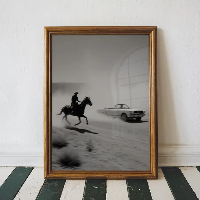 [Sale Up to 60% Off][Free Shipping][No Frame] Vintage Cowboy Mustang Racing Poster, Retro Western Sports Car Wall Art, Black & White Automotive Print, Premium Matte Decor, Car Enthusiast Gift