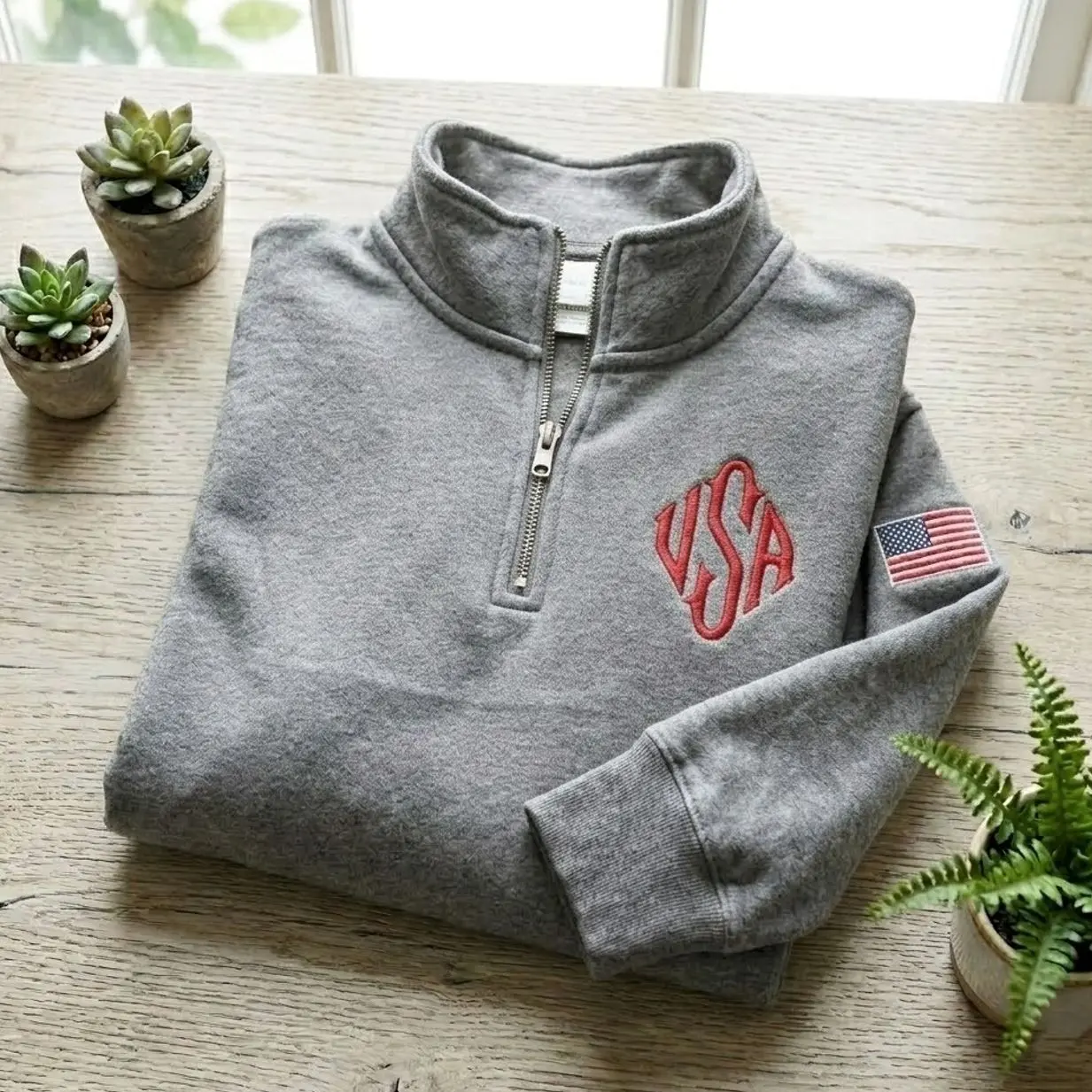 Initials Monogram Embroidered Quarter Zip Sweatshirt with USA Flag on Right Sleeve, Unisex Pullover Minimalist, Idea Mothers Fathers Day Gift