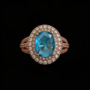 Light luxury vintage court-style ring, rose gold plated surrounding setting ring, combining vintage and light luxury feelings, inlaid with aquamarine synthetic zircon, a luxurious women's full-set ring. Classic engagement ring.