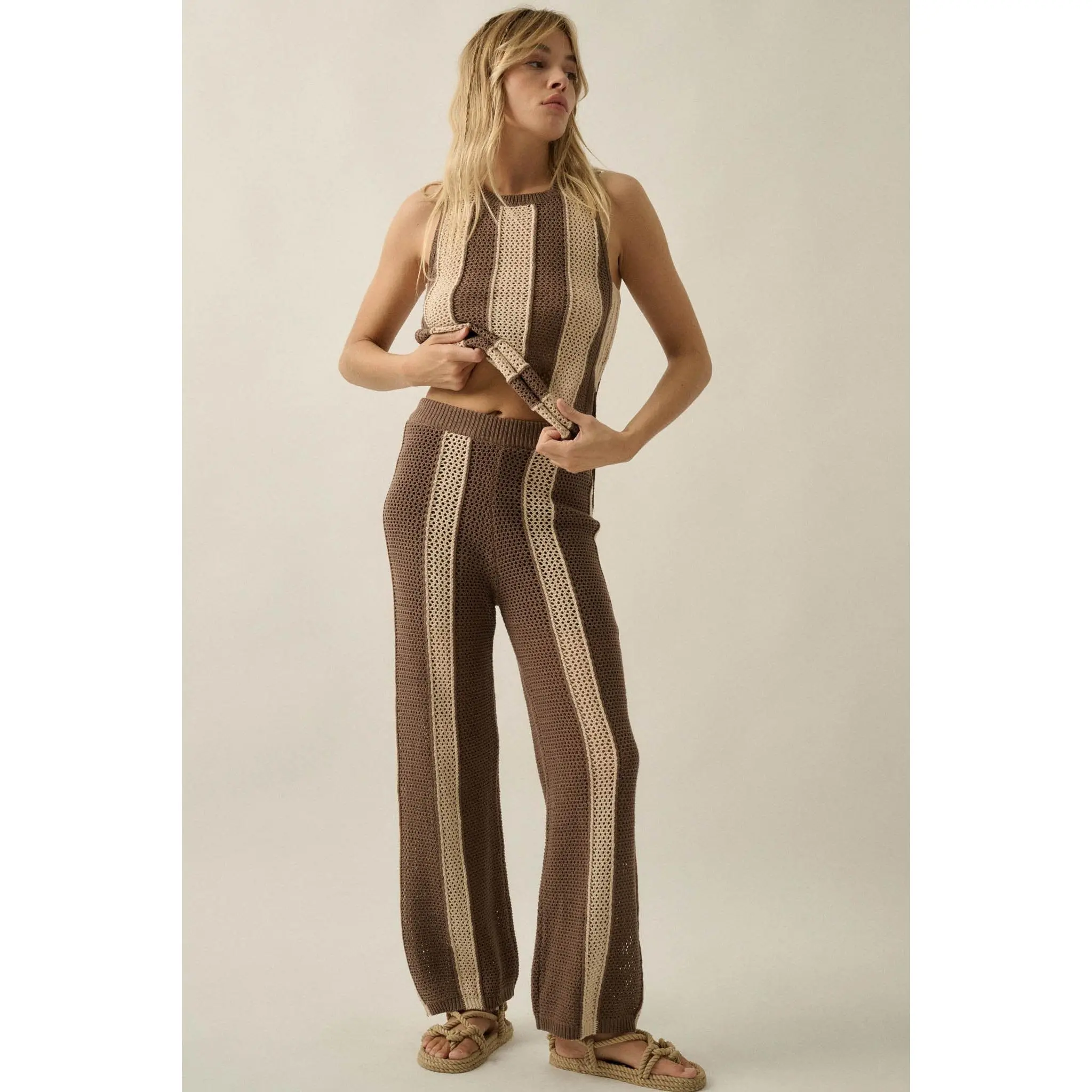 See You Soon Striped Crochet-Knit Sweater Pants