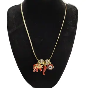 Laminated Gold Necklace with Elephant Horn and Evil Eye Charms and Two Separators Jewelry Accessory