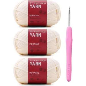 3 Pack (3 x 50g) Crochet Yarn with Crochet Hook - Worsted Medium Yarn for Crocheting - Easy-to-See Stitches Cotton-Nylon Blend Beginner Knitting Yarns for Adults and Kids