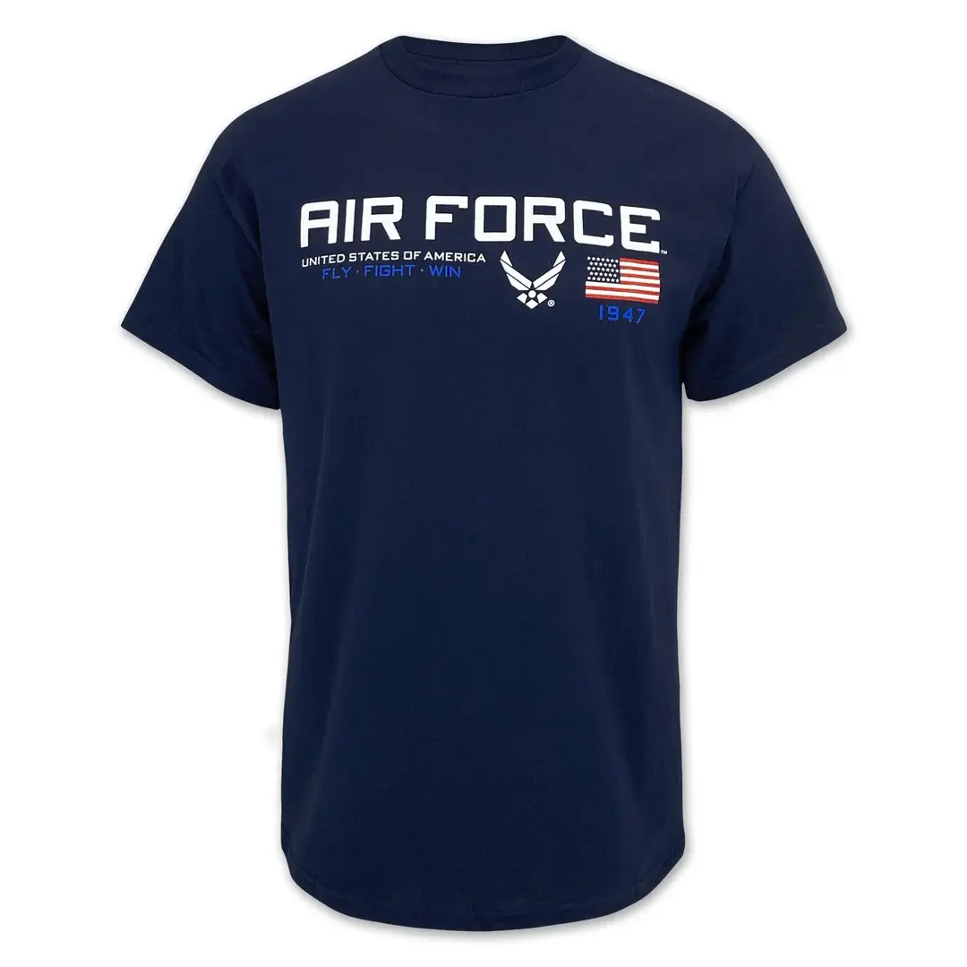 Air Force T-Shirt, Navy Military Graphic Tee, Fly Fight Win USA Flag Shirt, Veteran Soldier Inspired Patriotic Gift for Air Force Dad Men Women