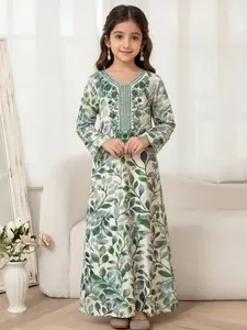 Girls Muslim Style Long Robe Dress, Floral Print + Embroidered Front, Long Sleeve Comfortable Breathable, Perfect for Daily Home Gatherings