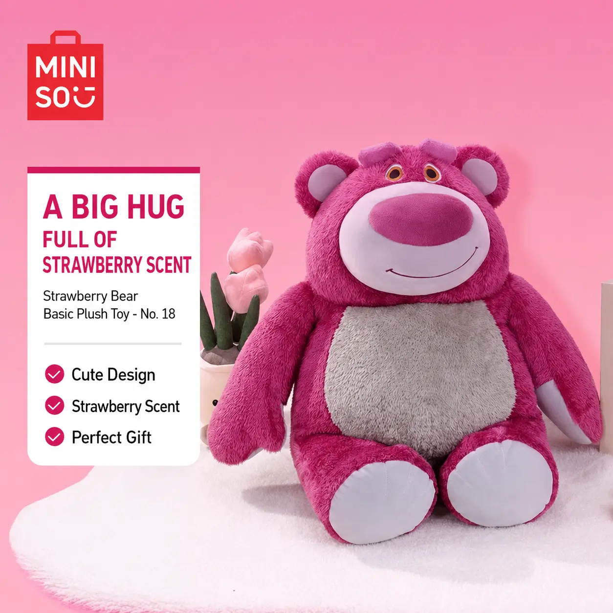Disney Pixar Toy Story Lotso Strawberry Scented Large Plush, Super Soft Sitting Bear 40cm Stuffed Animal, MINISO Cuddly Plushie Gift for Fans All Ages，Back To School