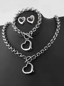 Stainless Steel Heart Design Chain Link Jewelry Sets, Elegant Jewelry Set, Matching Jewelry Set, Necklace Bracelet Earrings, Chunky Chain for Holiday Gifts for Girlfriends
