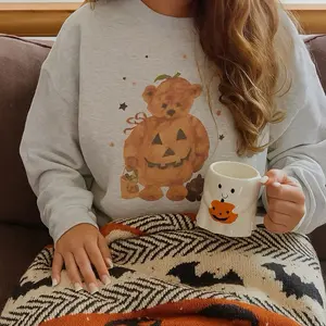 Vintage Pumpkin Bear Sweatshirt - Cute Fall Crewneck with Black Cat & Trick-or-Treat Design for Autumn Wear