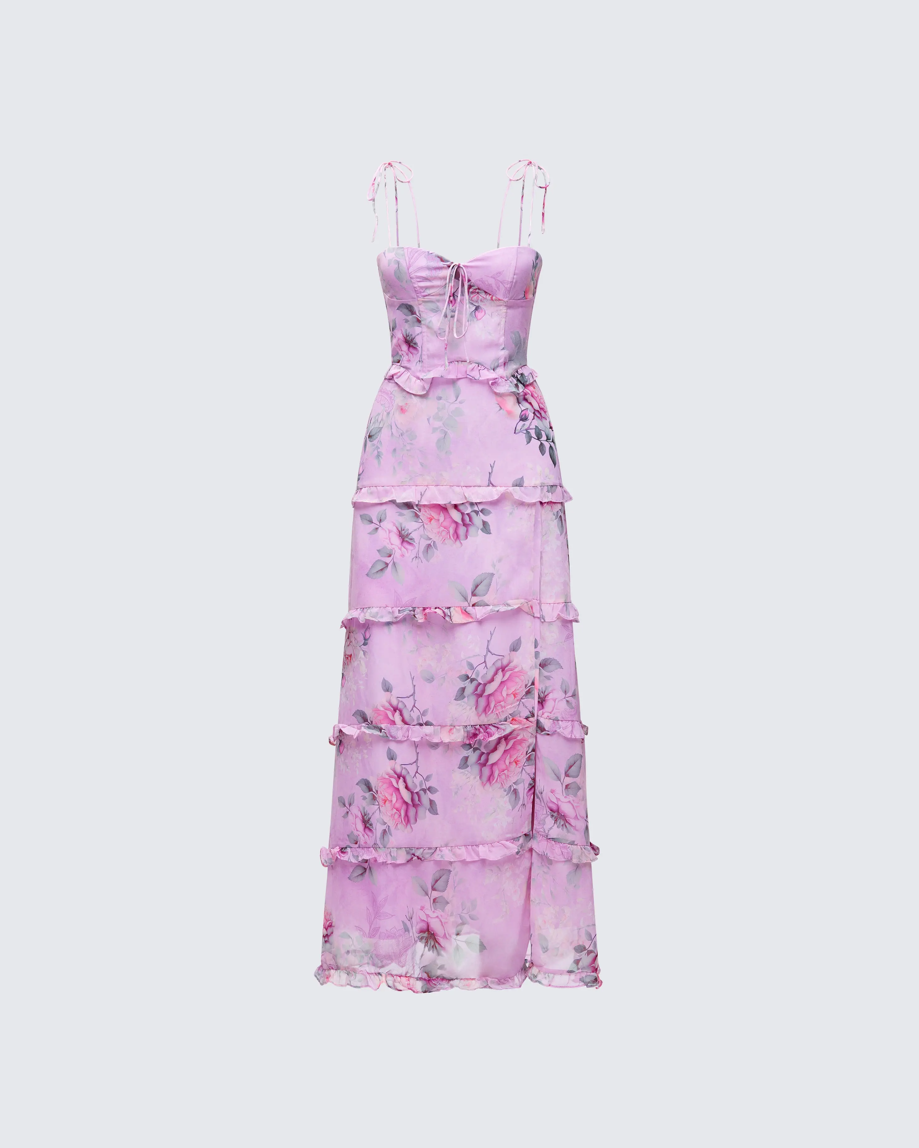 Women's Soft Satin Corset-Fit Casual Maxi Dress - Sleeveless, Exaggerated Ruffle, Floral Tiered, Sweetheart Neckline, Self-Tie Straps, Center Ruching, Dream Aesthetic, Girly Style, Ready to Wear, XS, Polyester, Rooftop Wear