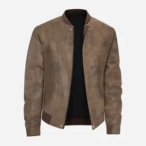 Bomber jacket made from distressed tan PU leather with ribbed collar and cuffs   Metal snap accents add stylish casual flair to this fall/winter coat