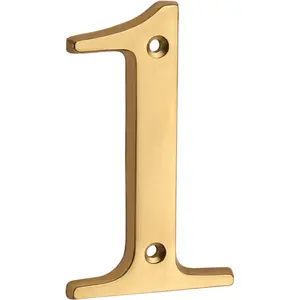 Hou Number Sign 4 inch (10 cm) Polished Brass Finish Stylish Curvy Modern Door Numbers Signage Plaque Street Home Address Numerals(1, Brass)