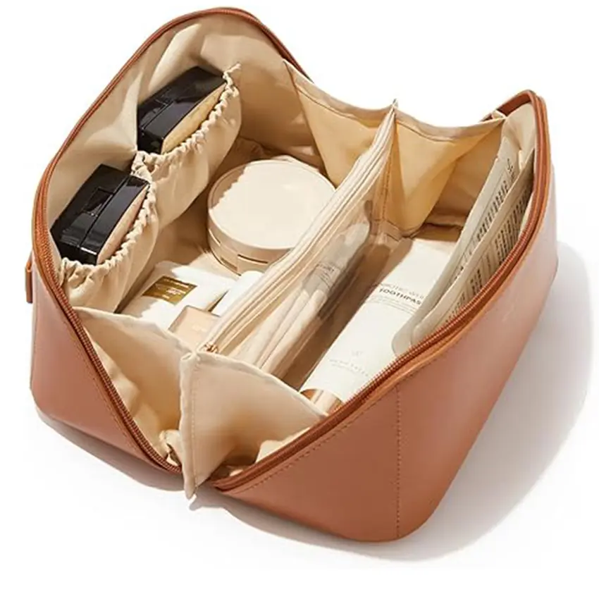 Women's Waterproof PU Leather Large Make-Up Bag - Makeup Organizer Travel, Large-Capacity, Portable Lay-Flat Design for Skincare Products, Brushes, Travel Essentials, Large Make-Up Bags