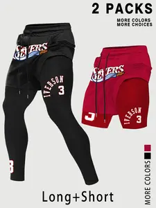 Men's 2-In-1 Sports Running Pants, Basketball Print, Quick-Dry Polyester Gym Shorts, Athletic Wear Shorts, Comfortable Tight-Fit Fitness Joggers, Running Training Shorts, Tight Fitted Shorts, Fitness Workout Shorts