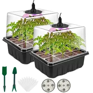 Seed Starter Tray with Grow Light, 2 Seed Germination Kits with Adjustable Humidity Dome, Seedling Starter Tray with Raised Lid, 8 Full Spectrum LED Beads for Indoor Plants, Mini Greenhouse for Seed Germination (Black), Durable Growing Tray