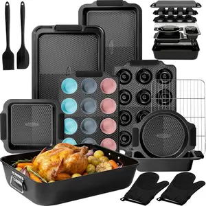 Kikcoin 25 PCS Stackable Baking Pans Set, Non-stick Bakeware Sets with Silicone Handles, 450°F Oven Safe Cookie Sheets for Baking, Easy Release Heavy-duty Baking Sheets Non Stick, Black