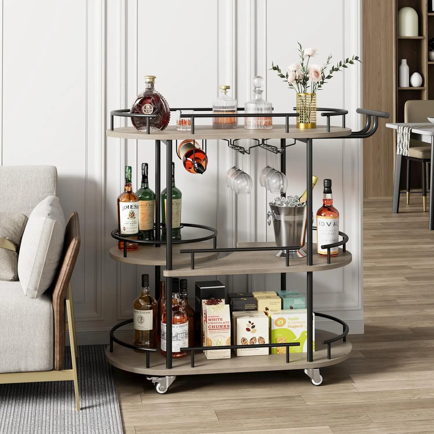 Garvee 3-Tier Mobile Bar Cart on Wheels with Wine Rack and Glass Holder, Metal Kitchen Utility Cart for Coffee Station, Mini Home Bar, Dining Room, Black and Grey