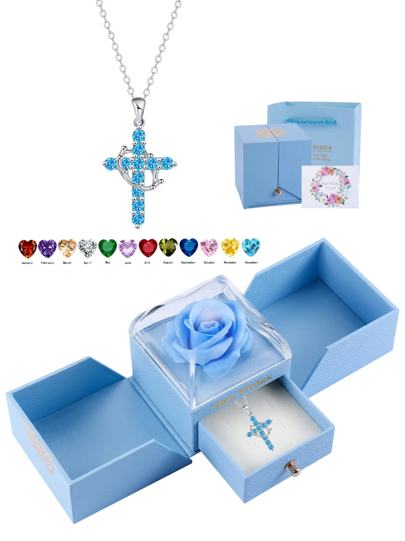 Mother's Day Gift Women's Cz Bling Birthstone Crown Cross Chain Design Necklace Set, Colorful Fashion Pendant Exquisite Jewelry Gift Box, Christian Wife Mom Girlfriend Faith Present