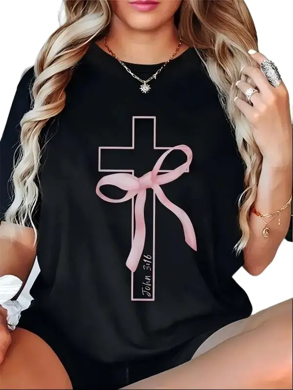 100% Cotton Coquette Christian Pink Bow Cross John 3:16 Bible Verse T-Shirt,Unisex Crewneck T-shirt for Men And Women summerwins,summerwins