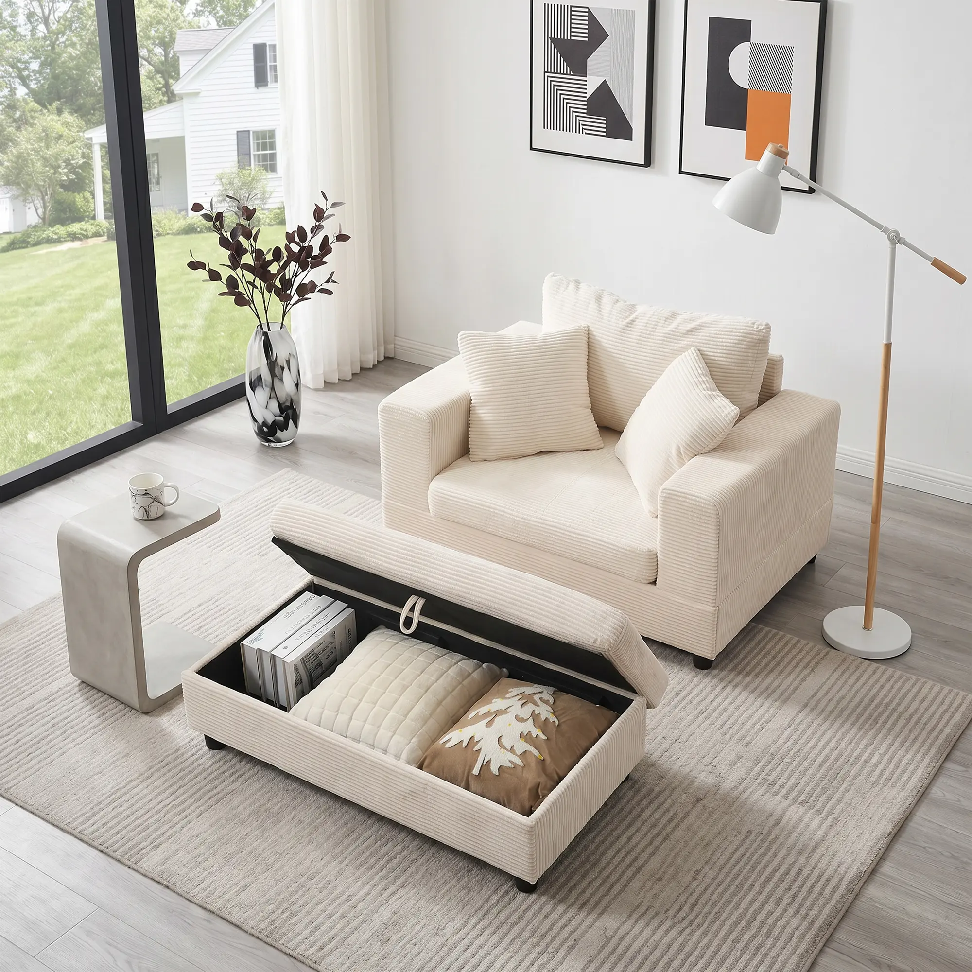 【Sub 1 packages】Niccae Chaise Lounge Chair with Removable Storage Ottoman Accent Sofa Bed Upholstered Sleeper Couch Bed with Pillows, Modern Deep Seat Upholstered Armchair for Living Room, Bedroom