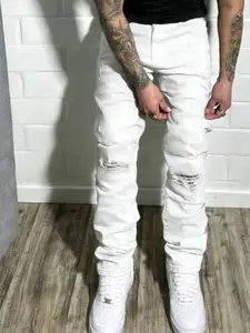Men's Denim Jeans Washed Ripped Elastic Skinny Harlan Pants, Trendy and Versatile Streetwear Casual Trousers, Slim-Fitting Mid Waist All Seasons, Pocket
