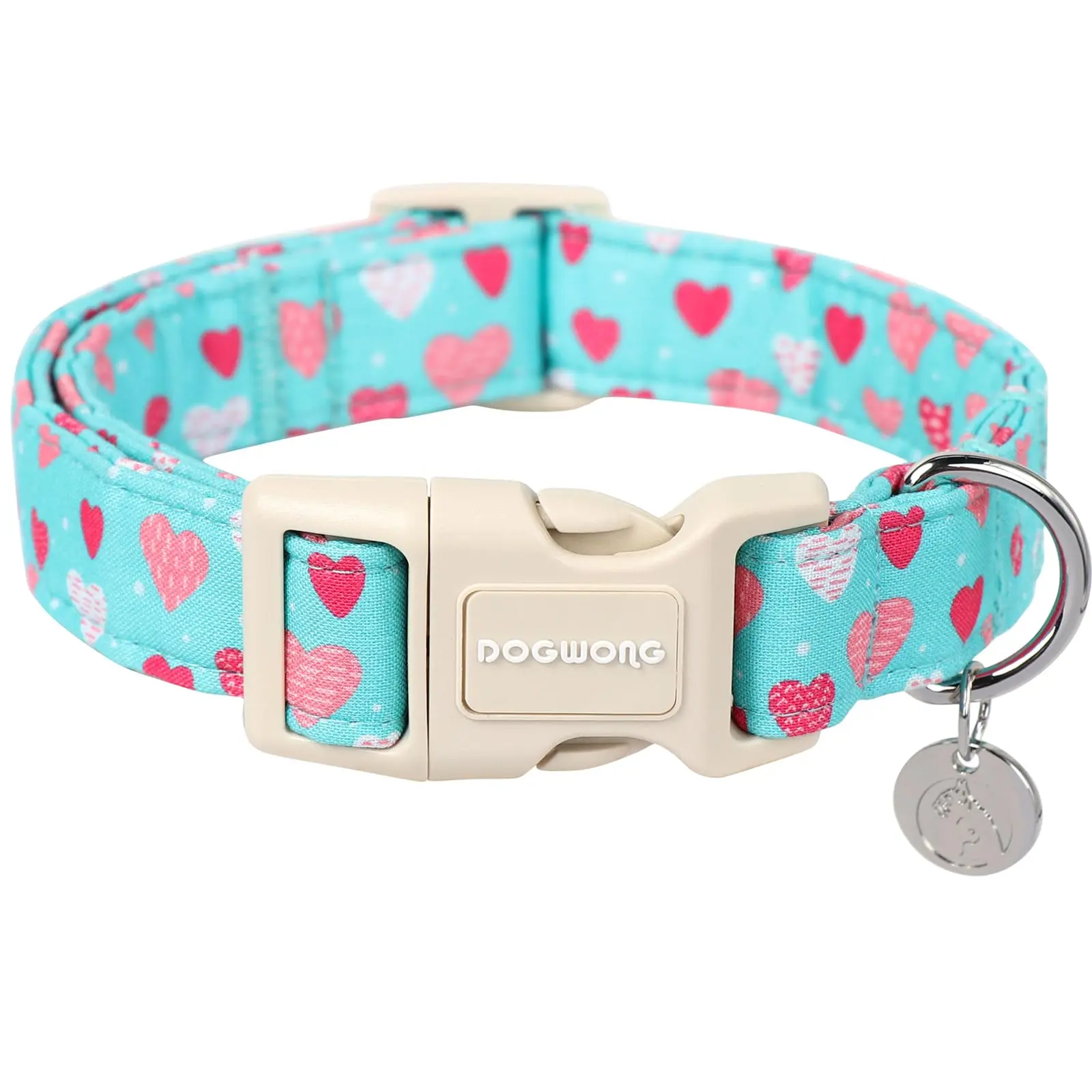 DOGWONG Breathable Soft Cotton Dog Collar - Valentine's Day Heart Print Blue Festive Design, Chew Resistant, Sturdy, Detachable, Easy to Clean, Hand Wash Only, D-Ring for Leash or ID Tag, Adjustable for XS, S, M, L Dogs, Adjustable Fit