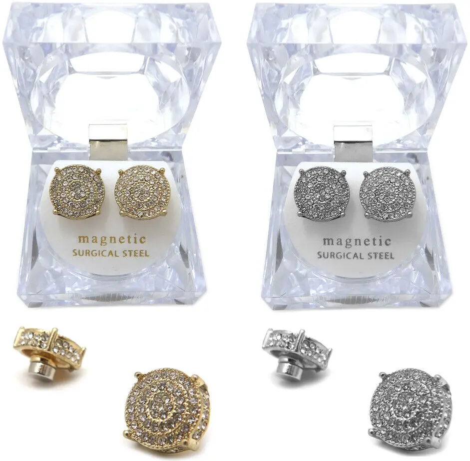MaxBling81 Magnetic Circular Sparkling Zirconia Stud Earrings - 0.5 in, Alloy Base, Artificial Zircon Earrings, Hip-Hop Rapper Jewelry, Unisex Men's Accessories, Magnetic Earrings