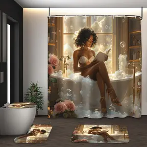 LVRLVR 4Pcs Luxury Bathtub Lady Bubble Print Elegant Glam Multi-Color Shower Curtain Set 70.8×70.8 Inch