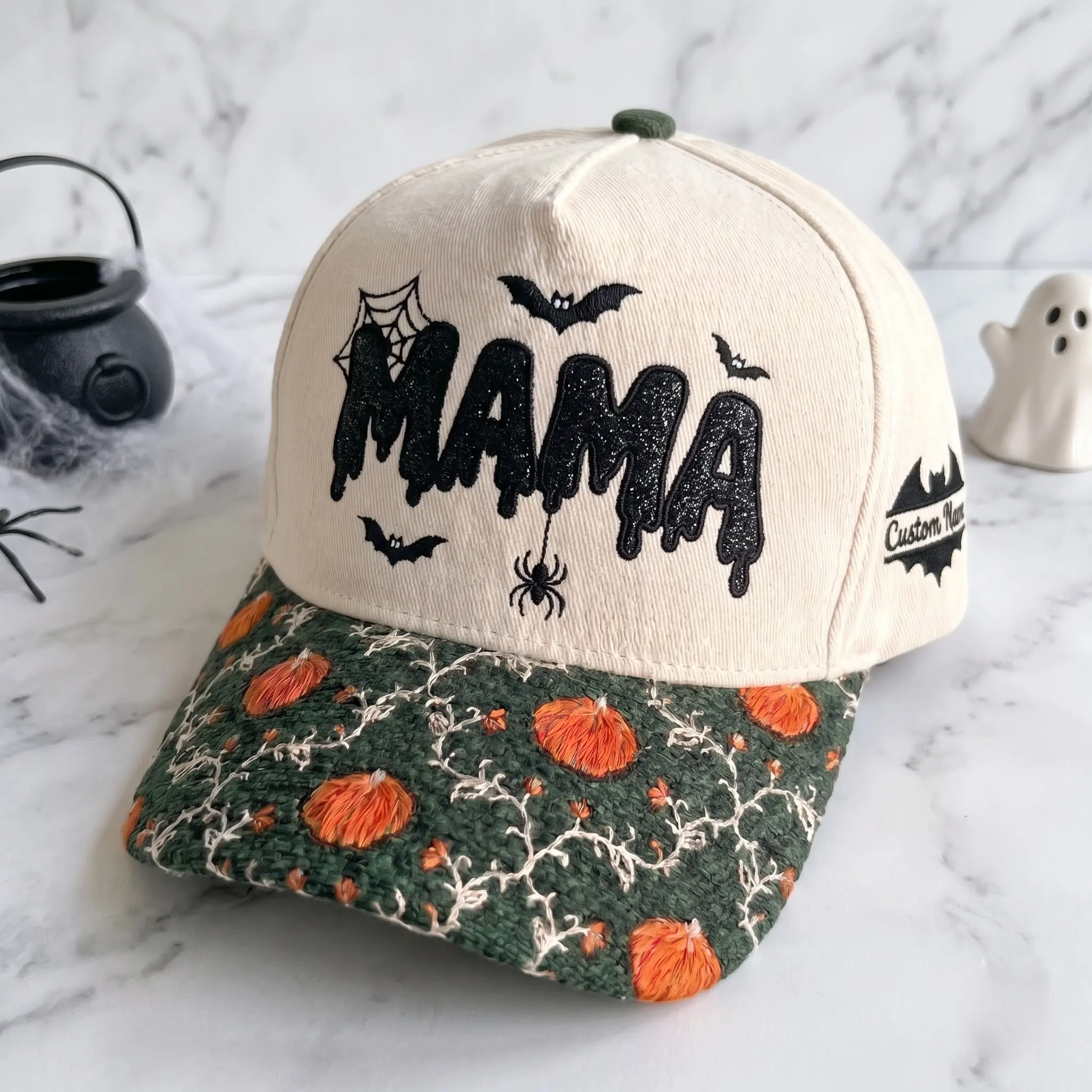 Spooky Mama Embroidered Baseball Hat, Fall Pumpkin Pattern Brim Cap, Glitter Drip Spider Bat Graphic Dad Hat, Custom Name Halloween Trucker Hat, Cozy Season Autumn Sun Cap Gift For Dad