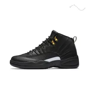 Black High-Top Retro Basketball Shoes with All-Black Leather Upper, Gold Metallic Lace Locks