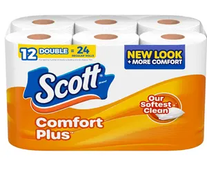 Scott ComfortPlus Toilet Paper, 12 Double Rolls, 231 Sheets per Roll, Septic-Safe, 1-Ply Toilet Tissue Wipes Pack