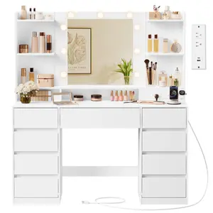 Songmics Vanity Desk with Mirror and 9 LED Bulbs, Vanity Makeup Table with Power Outlets, Dressing Table with 9 Drawers, for Bedroom, Cloud White